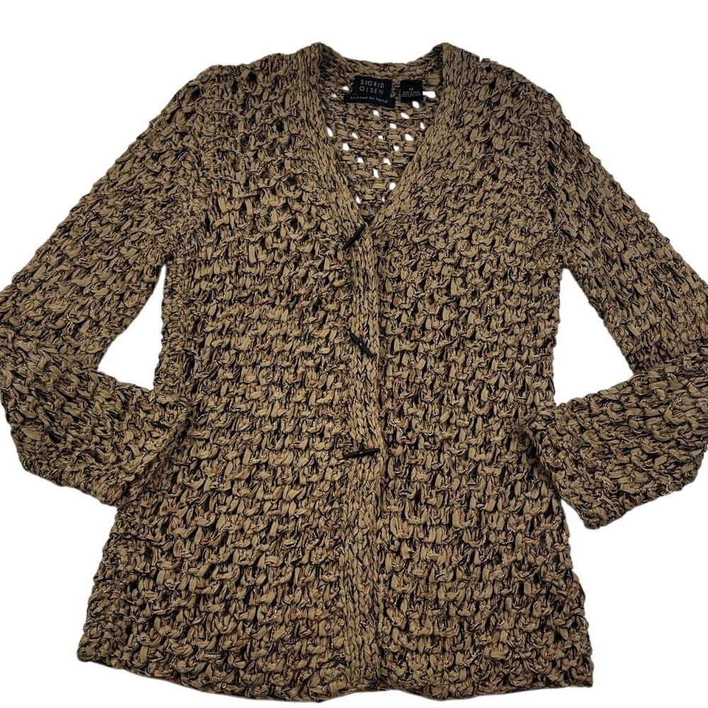 Sigrid Olsen Silk Blend Hand Knit Boho Artsy Textured Cardigan Women's Size XS